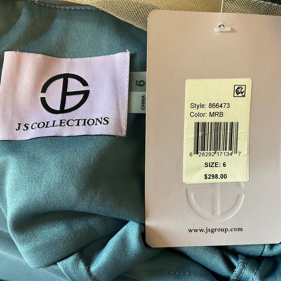 JS Collections Lace and Chiffon Evening Gown Blue Size 6 Short Sleeve Formal - Picture 9 of 13